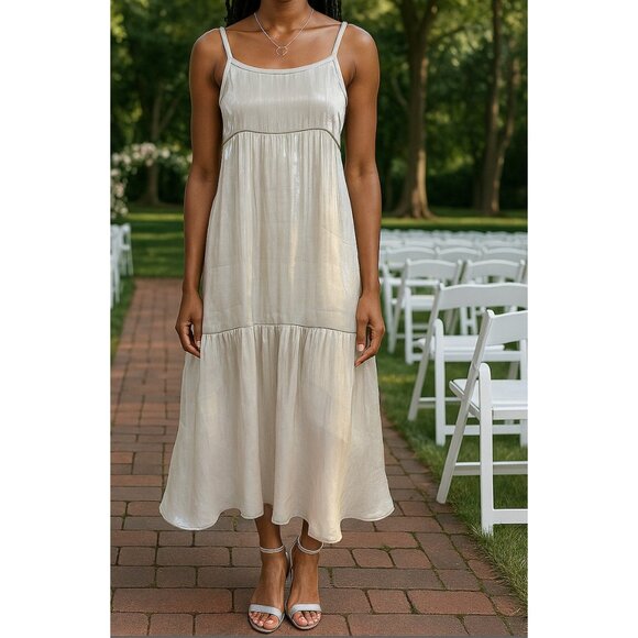 Iridescent Women Ivory Tiered Sleeveless Boho Fairy Satin Maxi Dress One Size XS - Picture 1 of 15